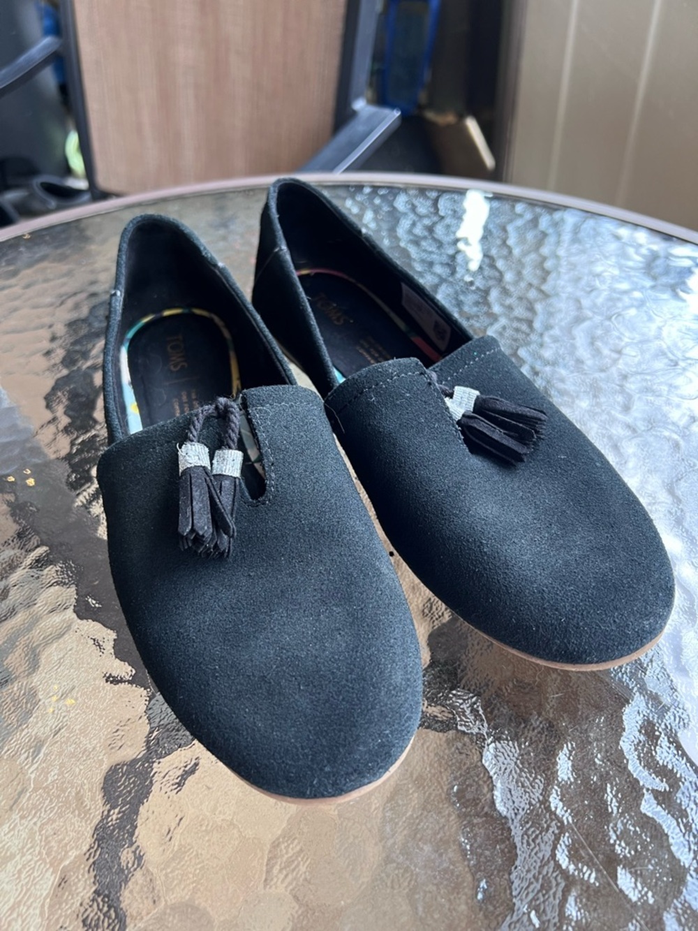 Toms Black Suede Tassel Slip-Ons